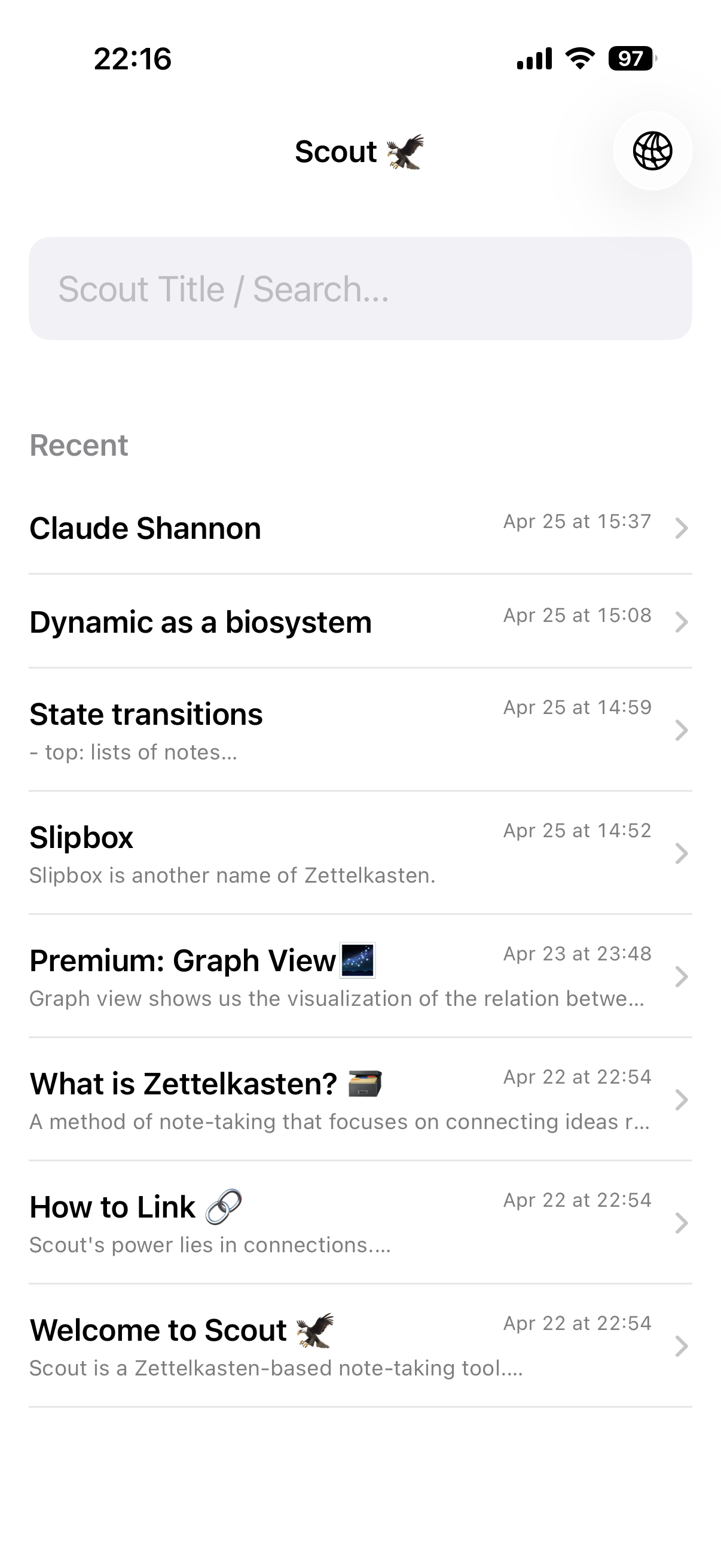 Scout home screen on iPhone, showing recent notes
